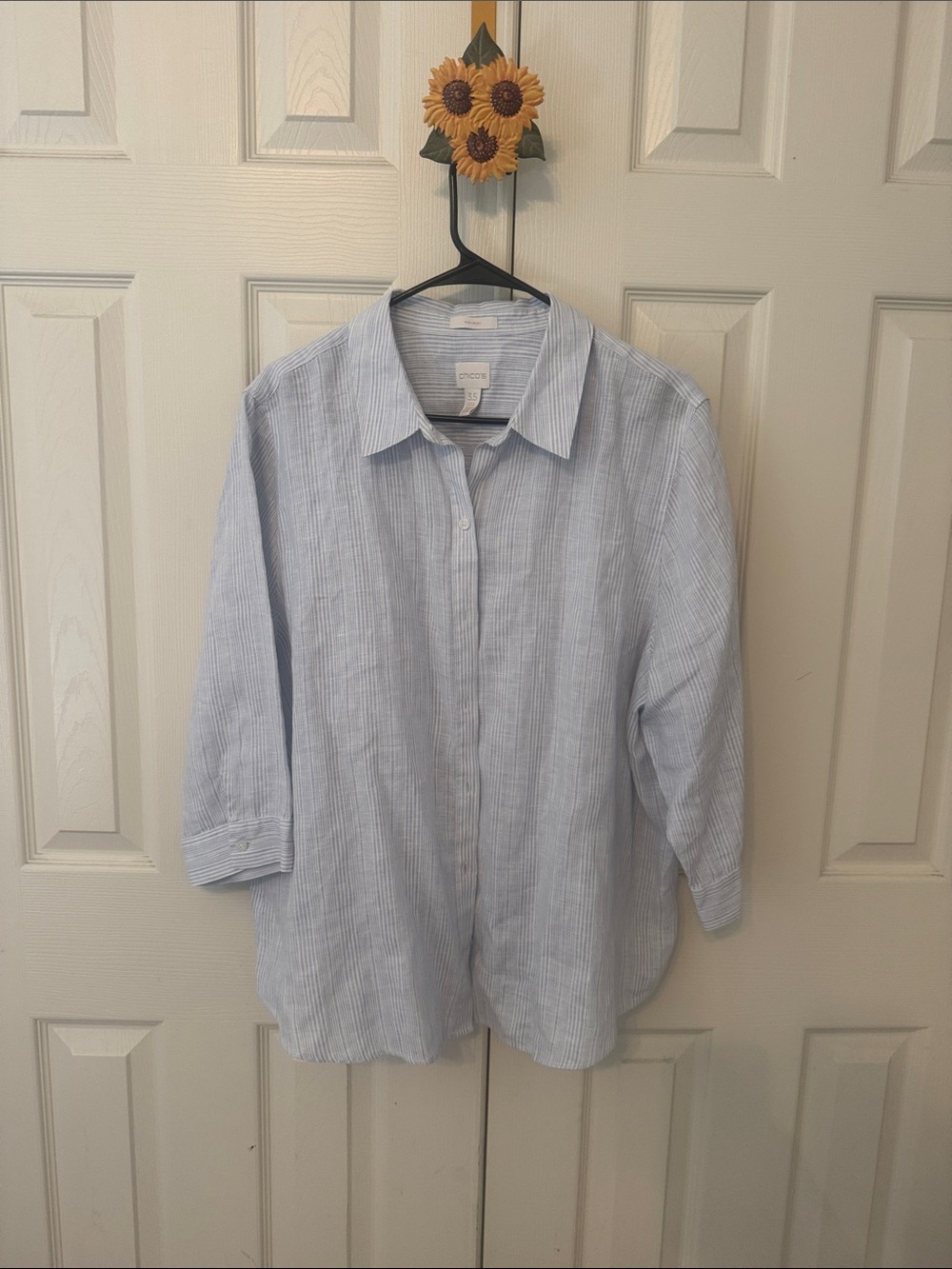 Chico's Light Blue Striped linen Casual Button-Down Shirt